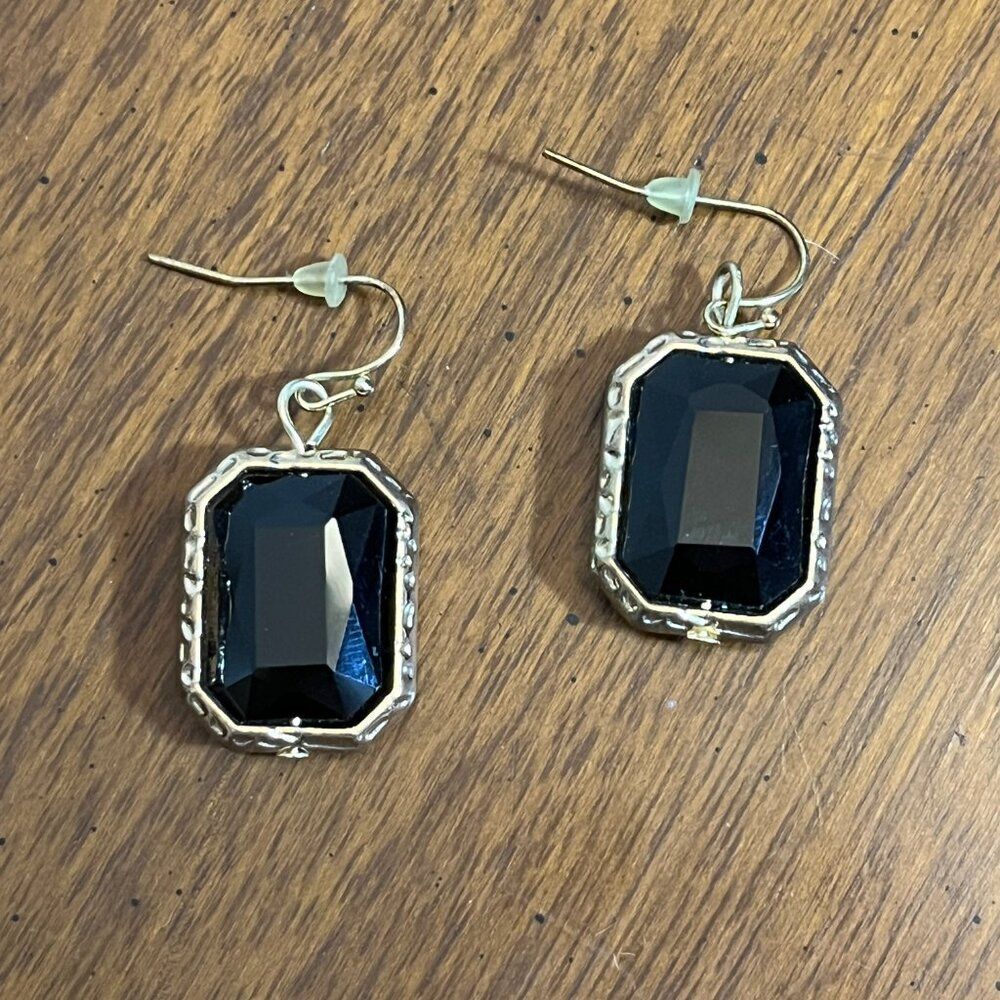 Vintage Gold Tone Black Glass Emerald Cut Hook Earrings